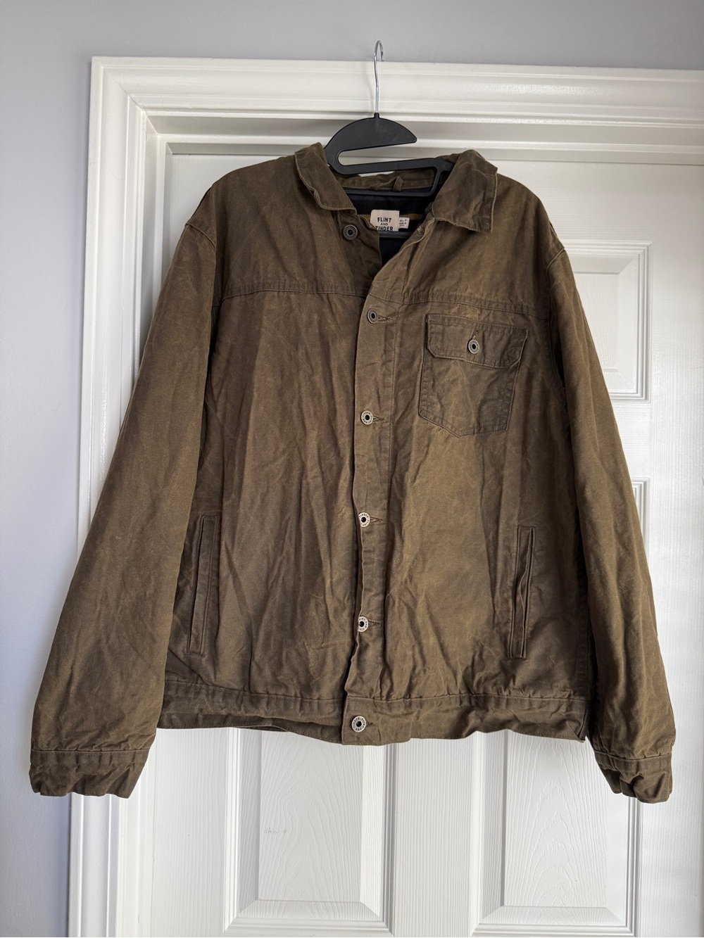 Flint & Tinder XLT Tall Waxed Trucker Jacket Field Tan USA Made Patina Flannel